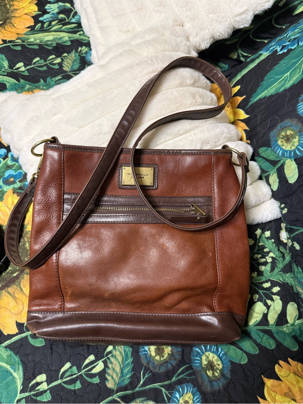 Tignanello Chestnut Brown Leather Messenger Bag with Dark Brown Trim
